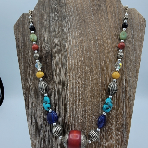 Chunky Beaded Necklace Copal Amber Turquoise Jasper Coral Mixed Metals Vintage - Picture 15 of 15